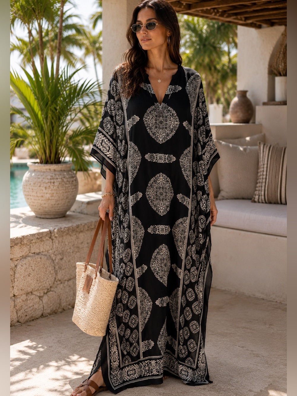 Gypsy Blue Black White Boho Caftan Tunic Dress Festival Resort Coverup One Size
